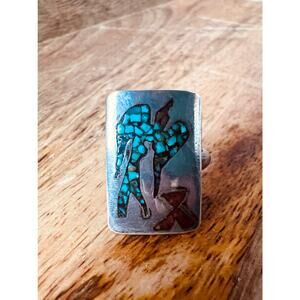 Vintage Sterling Silver Turquoise Coral Chip Inlay Ring Size 5 Eagle Dancer